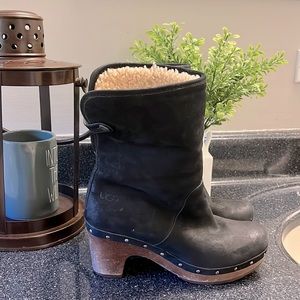 Anthro UGG Linea black suede shearling lined boots